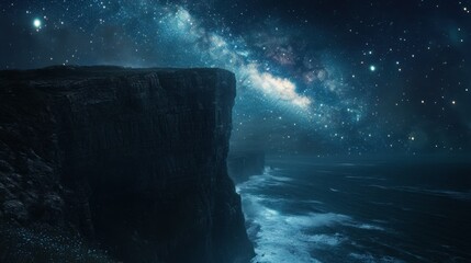 An awe-inspiring view of a cliff at night, with stars and the galaxy creating a luminous display across the sky.