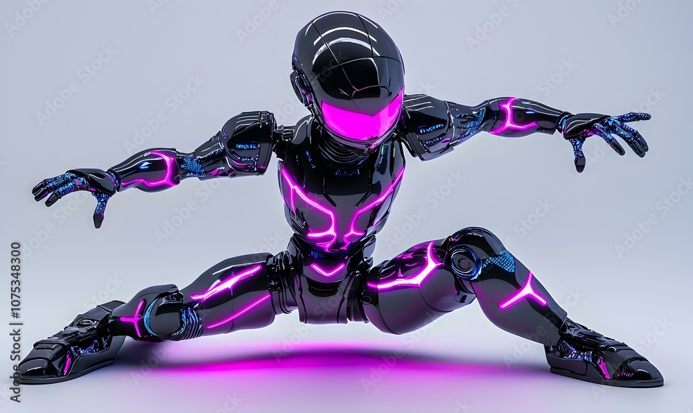 Poster vibrant 3d robot dance, a lively robot performing dynamic movements, illuminated by an array of colo