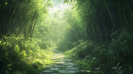 Obraz premium A serene path winds through the lush green bamboo, Beautiful green bamboo forest