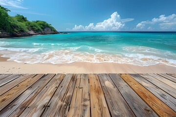 Fototapeta premium Tropical Beach Scene with Wooden Pier Overlooking Turquoise Ocean and Cloudy Sky