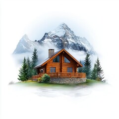 Fototapeta premium Mountainview guest house with log walls, stone chimney, and scenic landscape