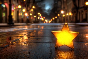 A glowing star decoration on a wet street, illuminated by surrounding lights.