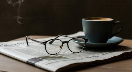 Cozy coffee break with newspaper spectacles on wooden table