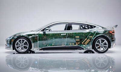 A translucent, modern electric car is depicted in a studio setting