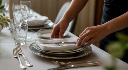 Elegant table setting preparation in fine dining restaurant