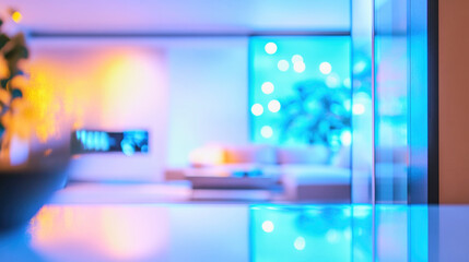 Futuristic living room interior with soft focus on glowing screens and modern design elements