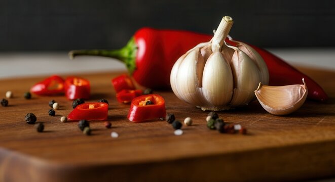 Fresh garlic chopped red chili peppers on wooden cutting board