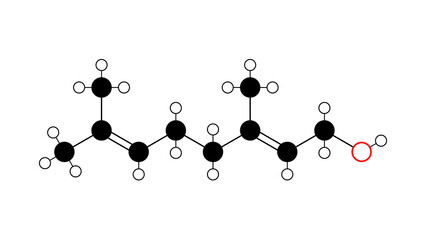 geraniol molecule, structural chemical formula, ball-and-stick model, isolated image monoterpenoid