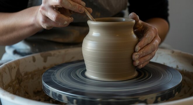 Artisan crafting pottery on spinning wheel in ceramic workshop