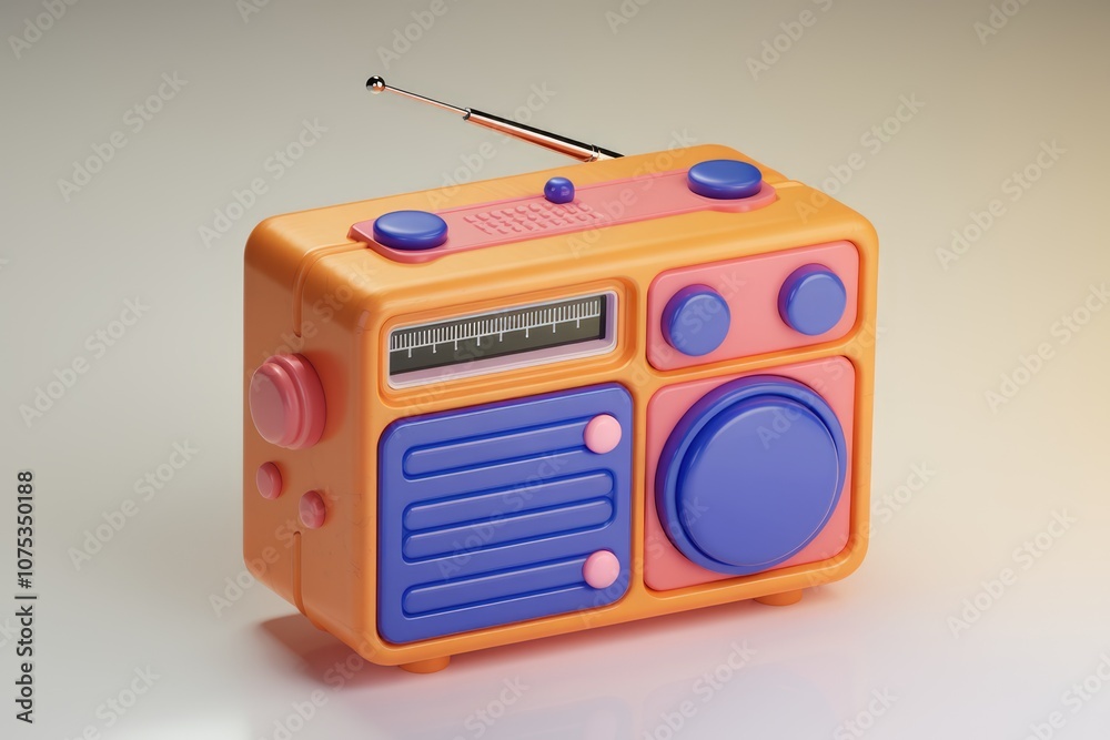 Poster a colorful retro style radio with a long antenna.