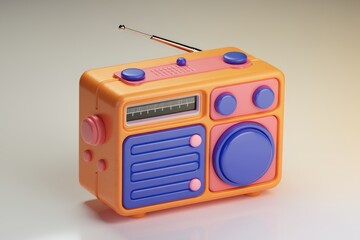 A colorful  retro style radio with a long antenna.