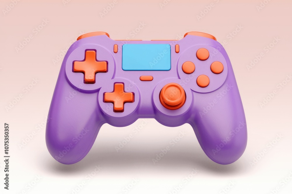 Poster a purple and orange video game controller isolated on a white background.