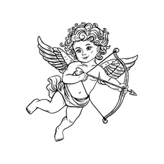 Cupid, angel of love in engraving, sketch isolated on white background.