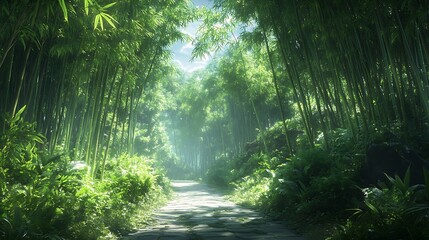 Obraz premium A serene path winds through the lush green bamboo, Beautiful green bamboo forest