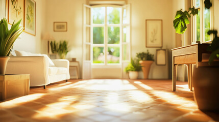 Bright Mediterranean living room featuring terracotta tiles and large sunlit windows