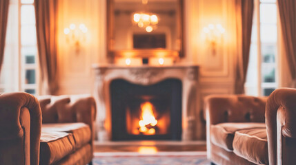 A cozy classic living room with luxury velvet sofas and a grand fireplace softly illuminated