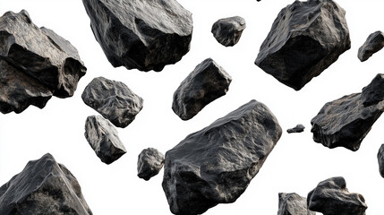 Many dark gray rocks floating on white background