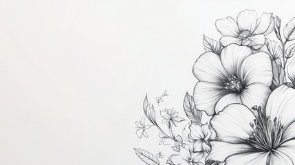 Line art illustration featuring a hand drawn floral design in black ink showcasing a bouquet of flowers and delicate leaves