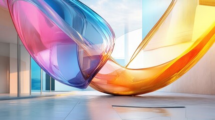 Abstract architectural interior featuring a colorful smooth glass sculpture represented in a detailed line art illustration and 3D rendering