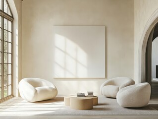 bright, airy living room featuring a blank canvas on the wall, inviting creativity and personal expression, with modern furnishings and ample natural light streaming in