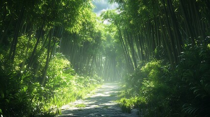 Obraz premium A serene path winds through the lush green bamboo, Beautiful green bamboo forest