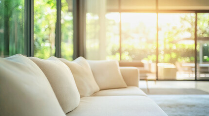 A dreamy blurred minimalist living room bathed in soft daylight