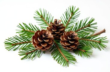 Pine cones and green pine branches arranged together, isolated on a white background.
