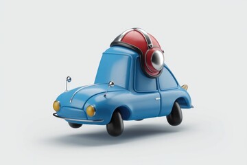 A cartoon blue car with a red helmet on top