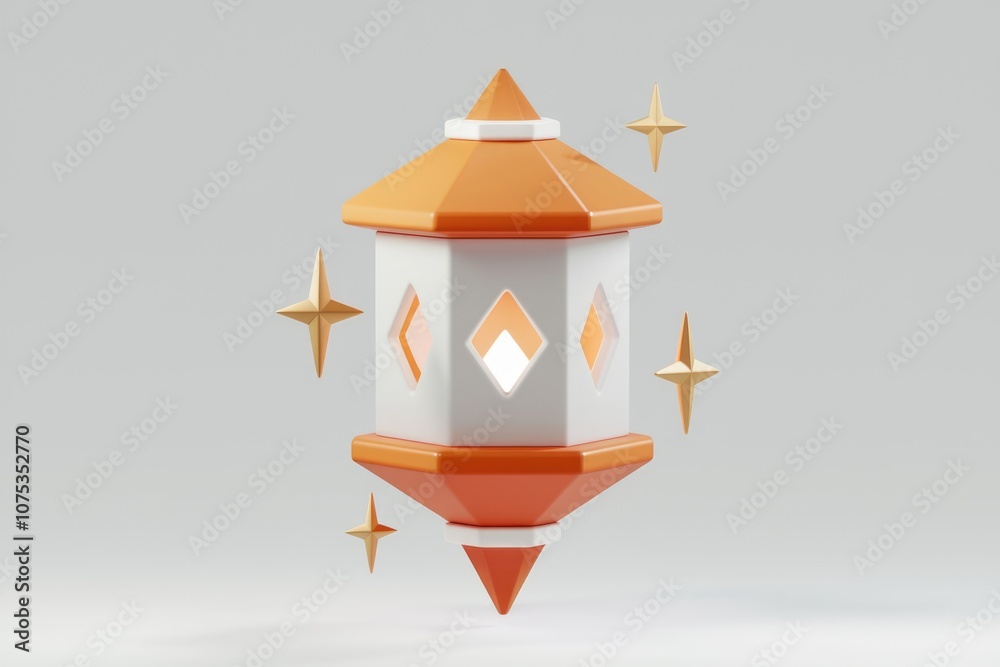 Poster a 3d rendering of an orange and white lantern with glowing stars.