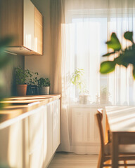 A bright Scandinavian kitchen with white cabinets and natural wood accents bathed in soft light