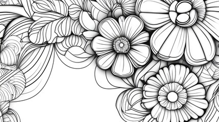Abstract line art illustration featuring a geometric circle pattern with mandala flowers and floral petal designs A modern zentangle motif with thick and thin elements in black and white
