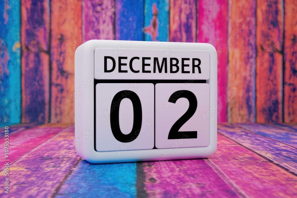 Aufkleber a white cube calendar showing december 2nd resting on a colorful wooden surface.