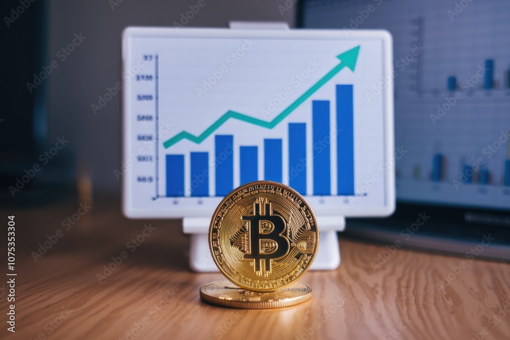 Poster Bitcoin coin in front of an upward trending chart
