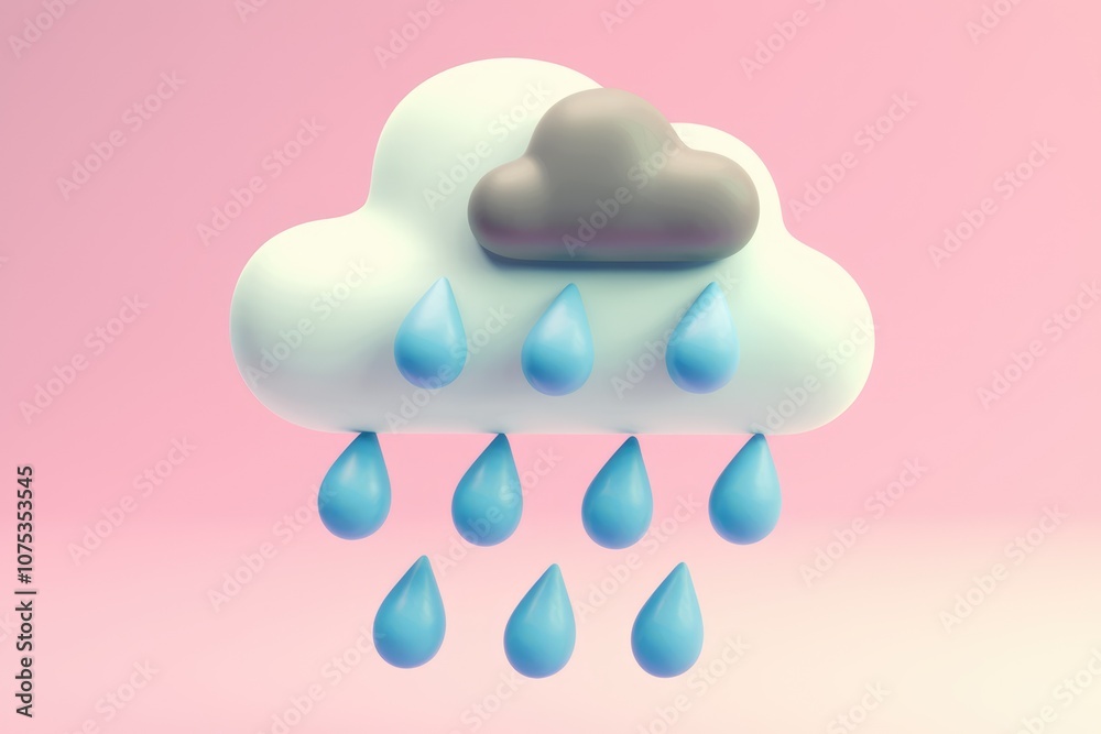Poster a 3d rendering of a white cloud with a gray raincloud on top raining blue raindrops.