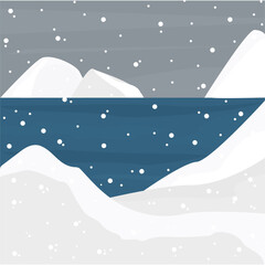 Antarctica background without people and animals. Ocean, mountains of ice, it's snowing. For design and concepts with your elements. Flat. Vector illustration.