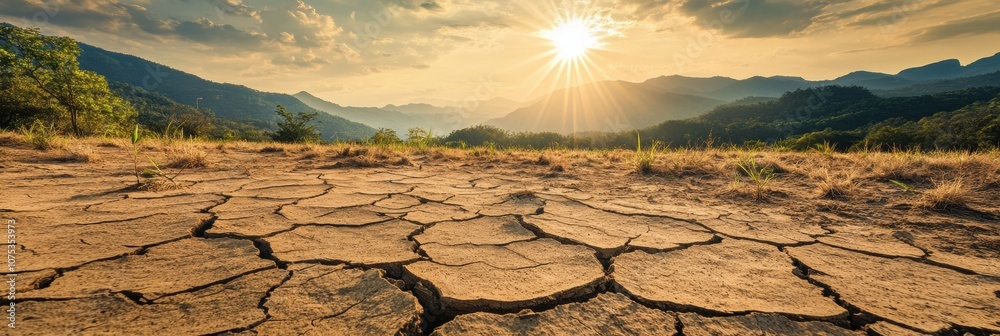 Poster the landscape is defined by deep cracks in the earth, with dried vegetation struggling under the int
