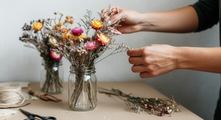 Arranging colorful dried flowers in clear glass vase