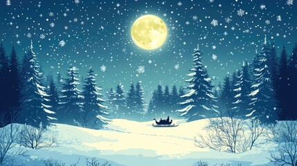Fototapeta premium Santa is sleigh silhouette over snowy forest, full moon shining above, magical night 