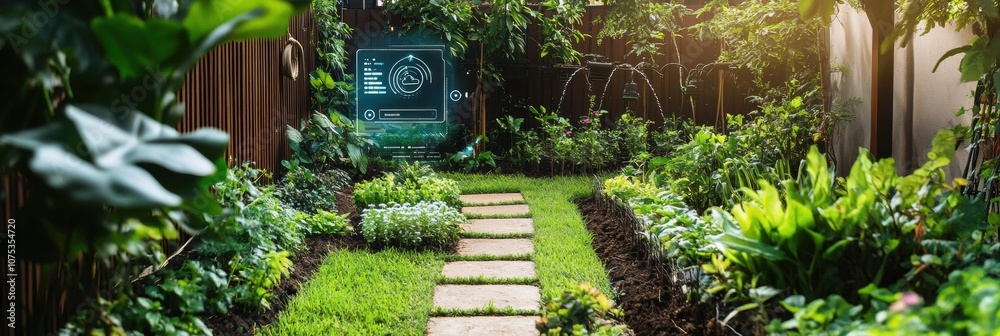 Poster this garden features smart technology with soil sensors and automated sprinklers, ensuring optimal p