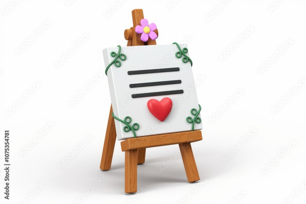 Poster A small wooden easel with a blank canvas  a red heart  and green vines.
