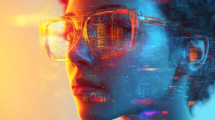 Close-up of a Person Wearing Glasses with a Cityscape Reflected in the Lenses, Overlaid with Digital Data
