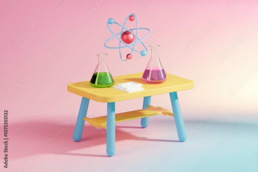 Poster A 3D rendered image of a science experiment setup with an atom model and beakers.