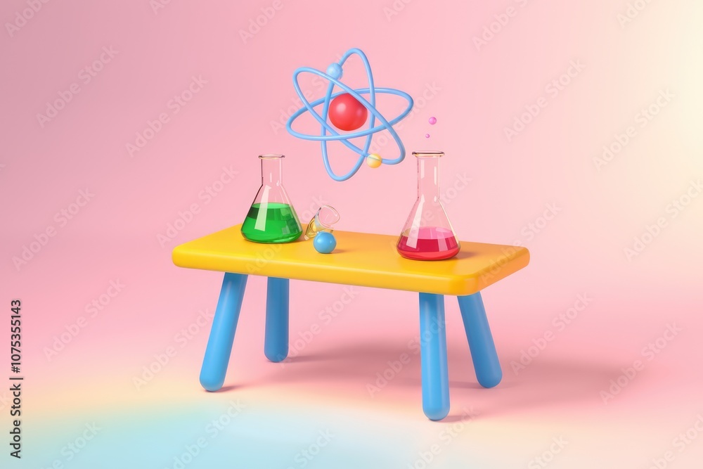 Poster A colorful illustration of a science experiment with beakers and an atom model.