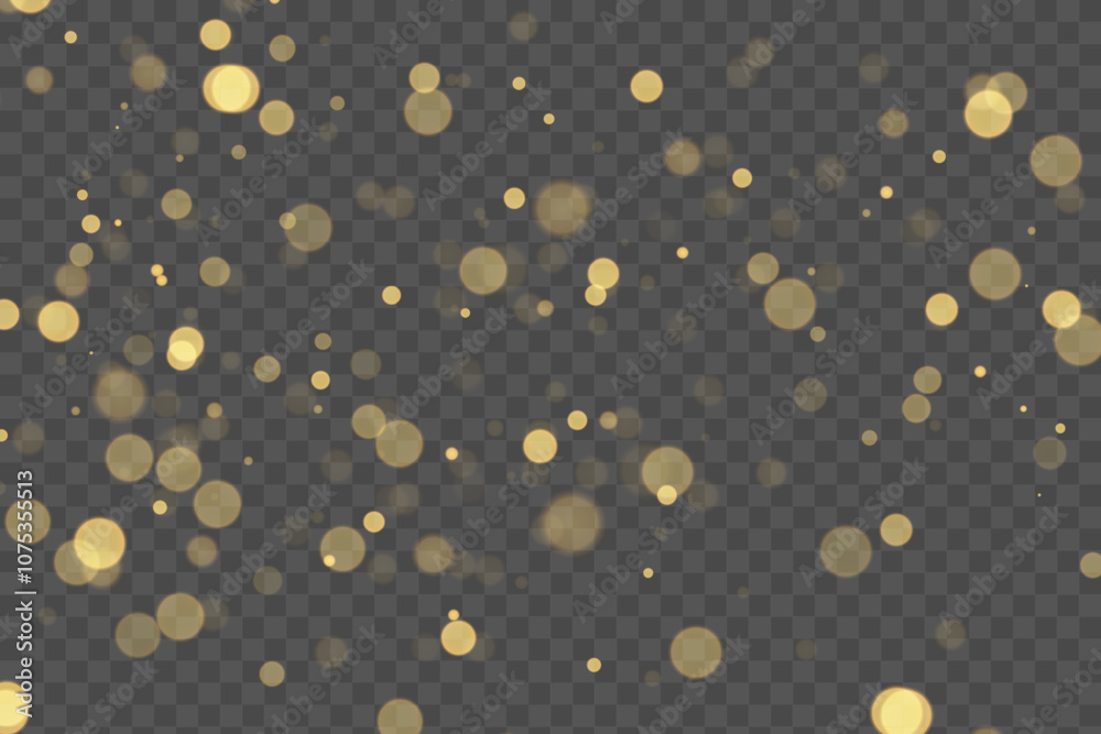 Poster Sparkling golden particles, glowing bokeh lights isolated on dark transparent background