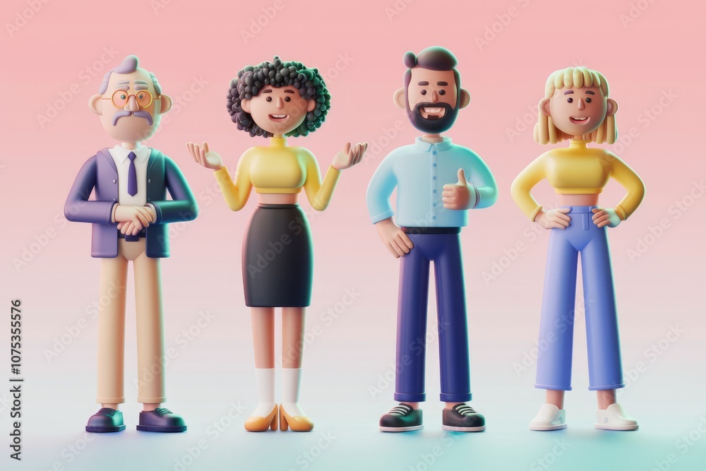 Poster four 3d cartoon characters with different personalities