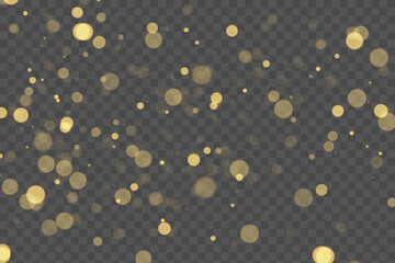 Sparkling golden particles, glowing bokeh lights isolated on dark transparent background