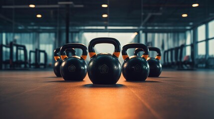 Fototapeta premium A photo of a set of kettlebells on a gym floor.