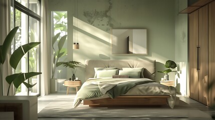 Beautiful Colored Mockup Bedroom Interior Blank Poster Decoration Art Background Image, generative AI
