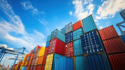 Fototapeta premium Vibrant cargo containers stacked at port with blue skies