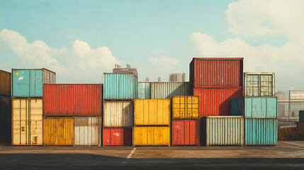 Fototapeta premium Vibrant cargo containers in shipping port with city skyline